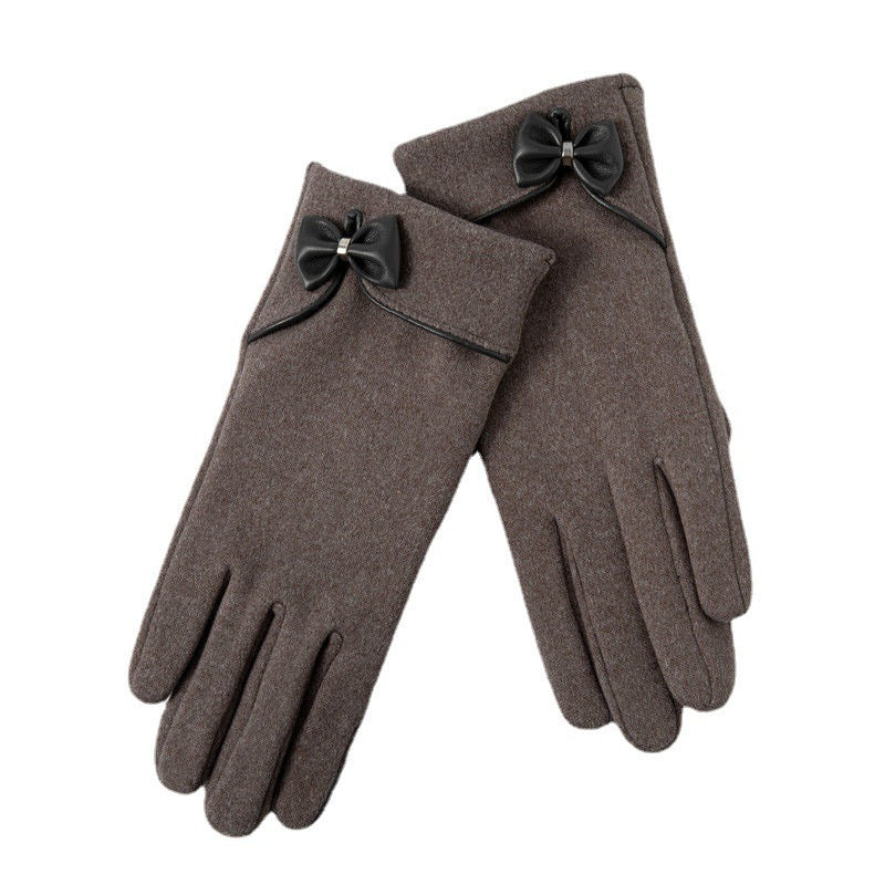 Fleece-lined De Suede Bow Gloves Touch Screen Warm Outdoor All-matching