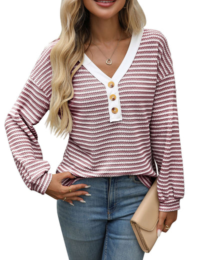 Women's V-neck Buttons Pullover Patchwork Casual Long-sleeved Top