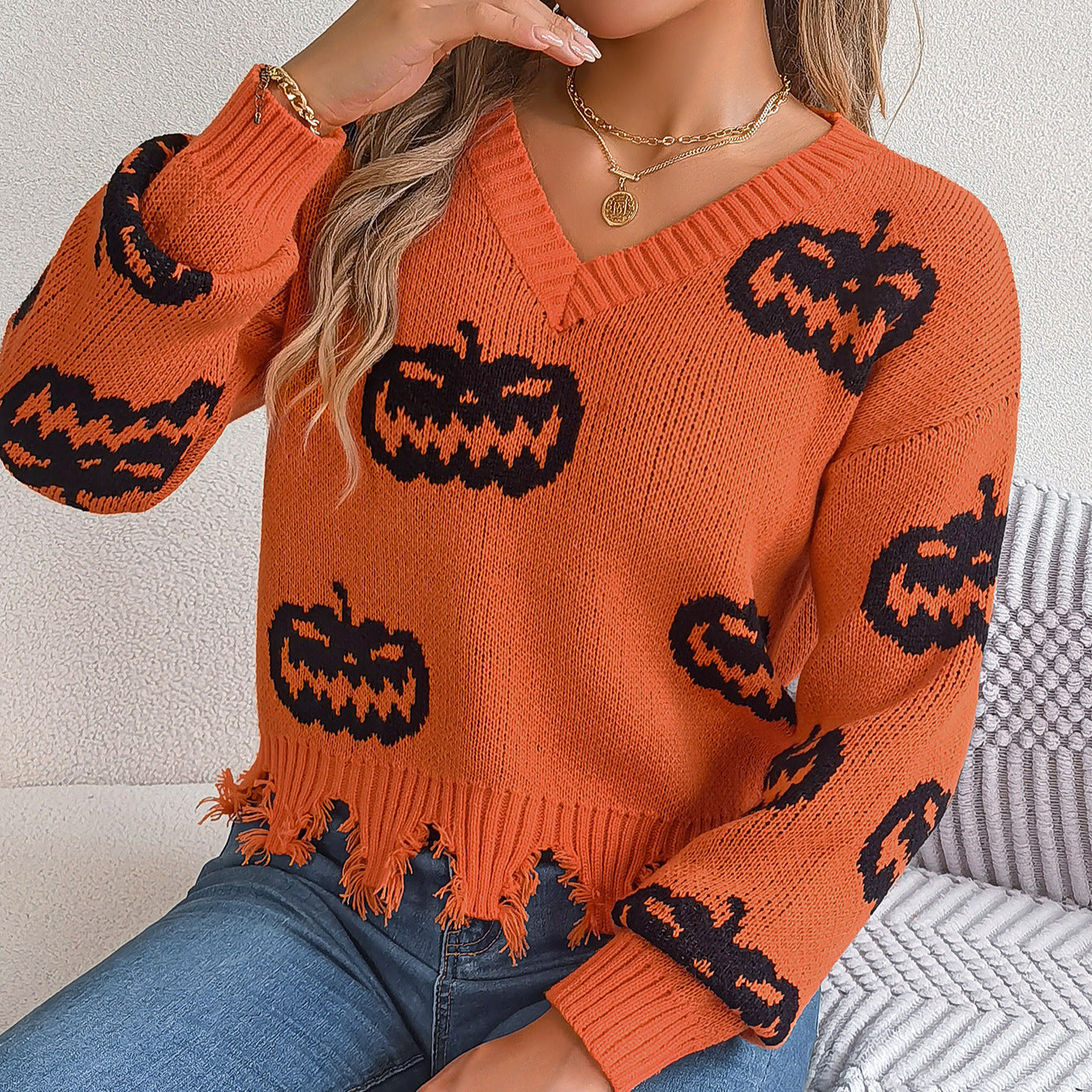 Halloween Contrast Color Pumpkin Cut Long Sleeve Sweater