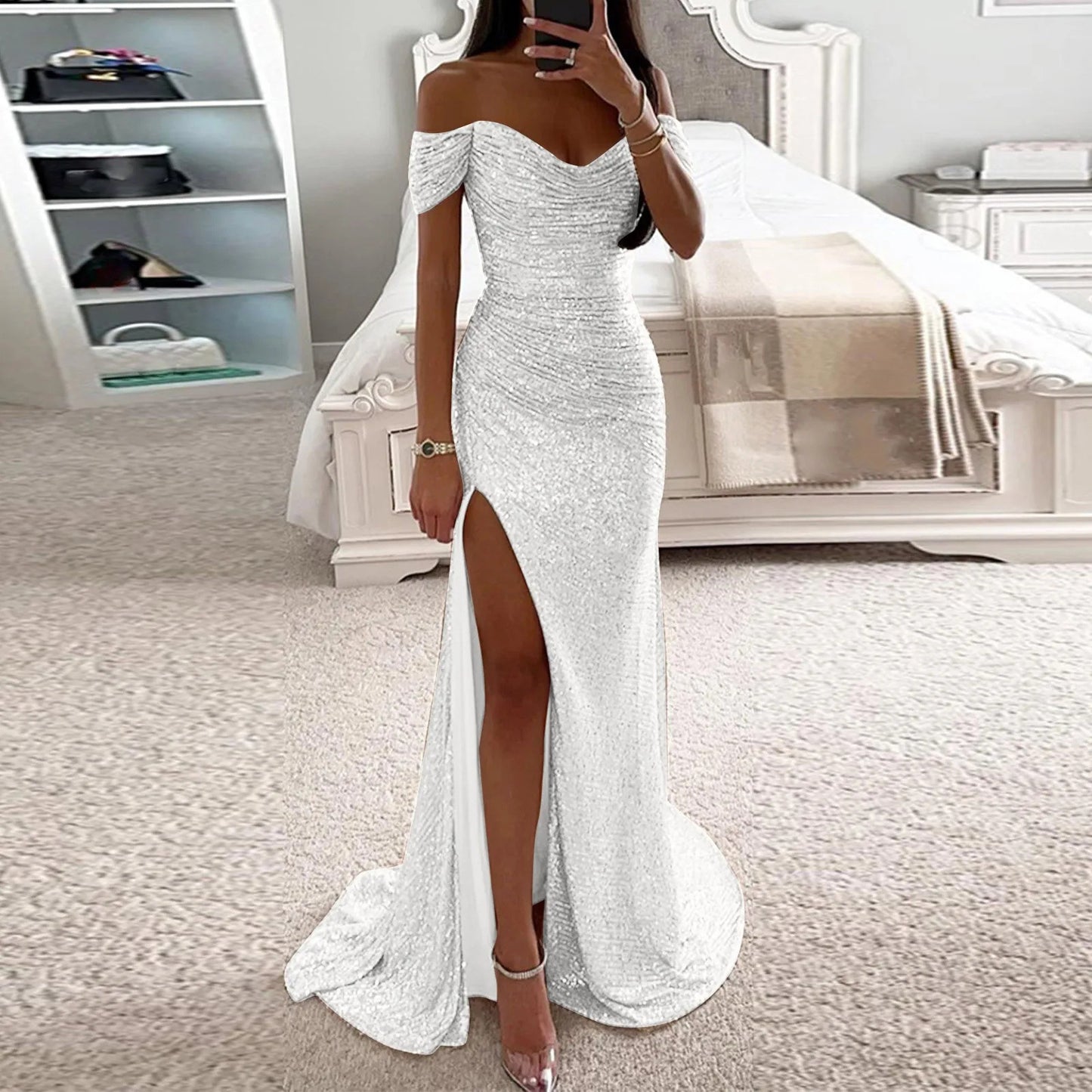 Creative Solid Color Sparkling Slit Dress for Women