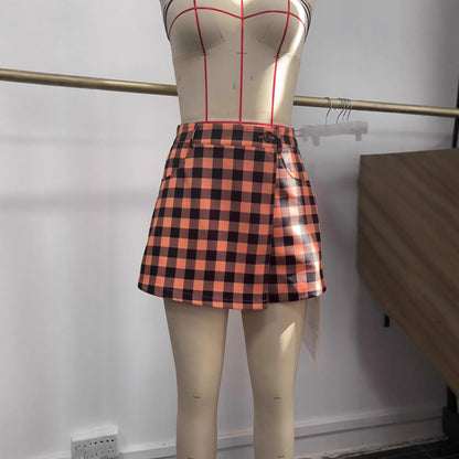 Womens Fashionable Irregular Plaid Culottes In Pumpkin Color