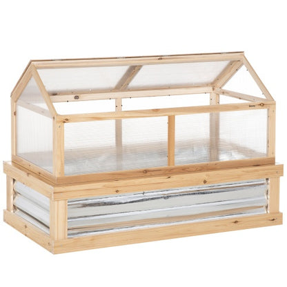 Outsunny Raised Garden Bed With Polycarbonate Greenhouse, Wooden Garden Cold Frame Greenhouse, Flower Planter Protection, 48 X 24 X 32, Natural