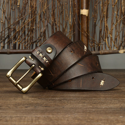 Men's Washed-Out Vintage First Layer Cow Leather Pin Buckle Jeans Belt - Authentic Character