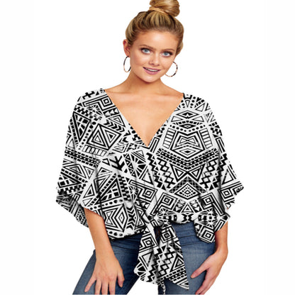 Spring And Summer New V-neck Short-sleeved Printed Loose Top Women's