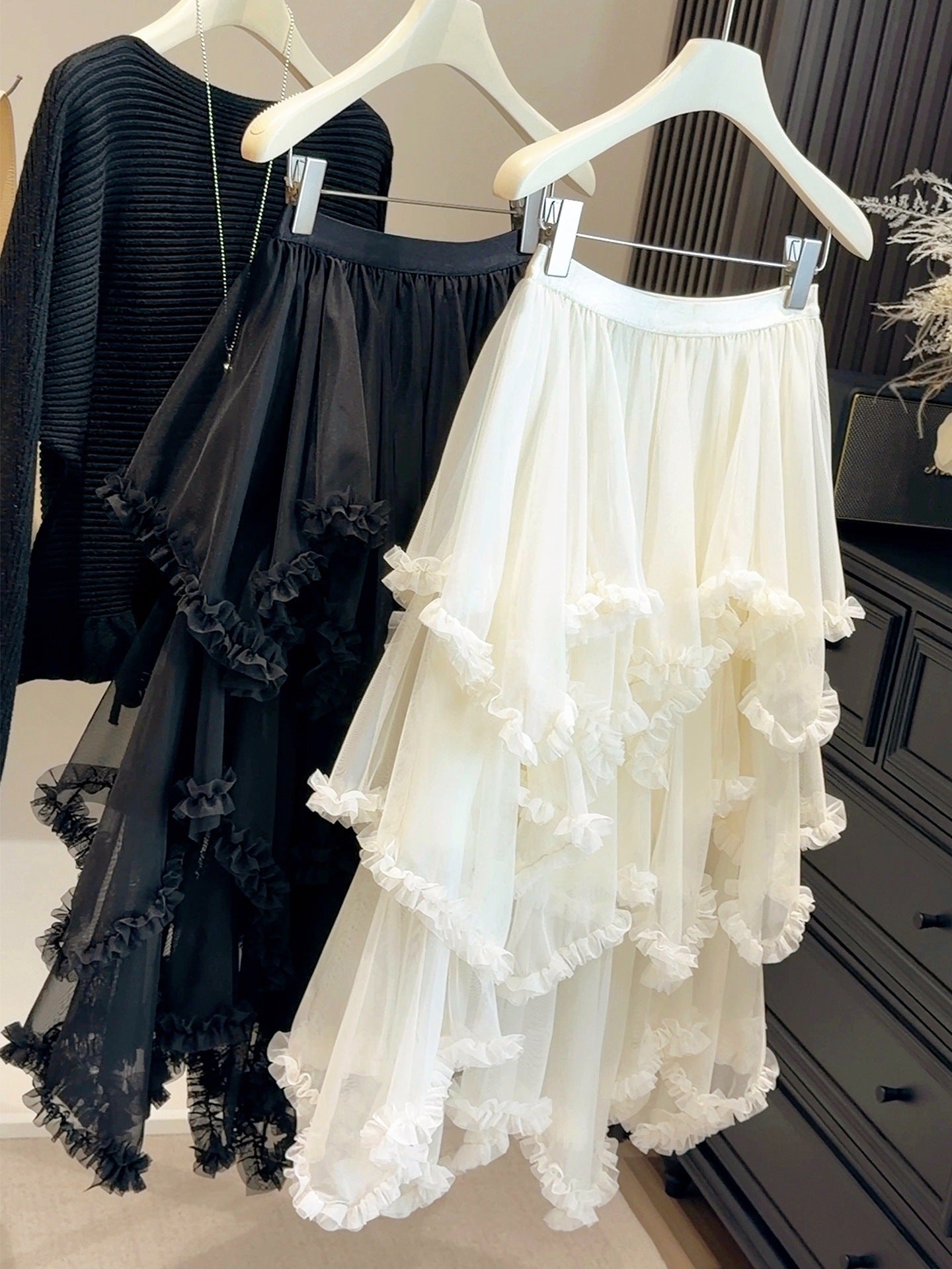 Womens Fashion Irregular Ruffle Trim Mesh Skirt