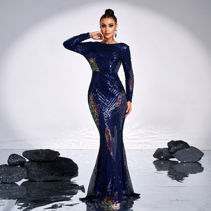 Long Sleeve Crew Neck Sequined Banquet Evening Dress - High Waist Hip Skirt - Extra Long Sleeves