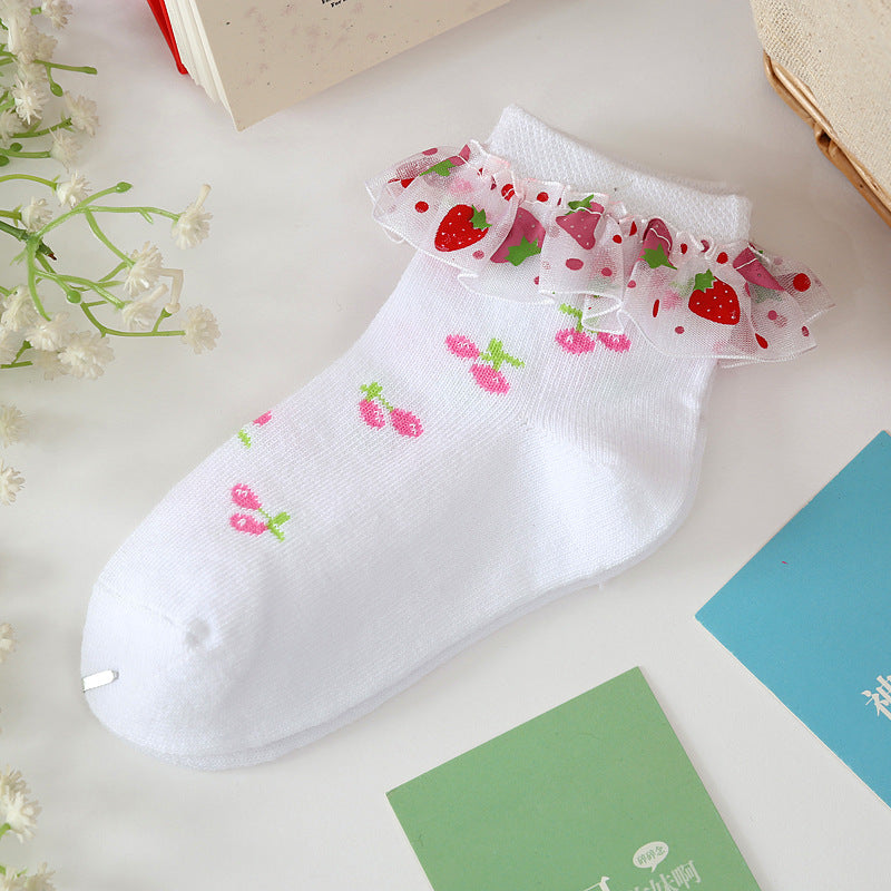 Strawberry Socks Girls Lace Socks Cotton  Children