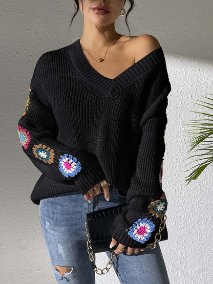Autumn And Winter Crochet Stitching V-neck Pullover Sweater