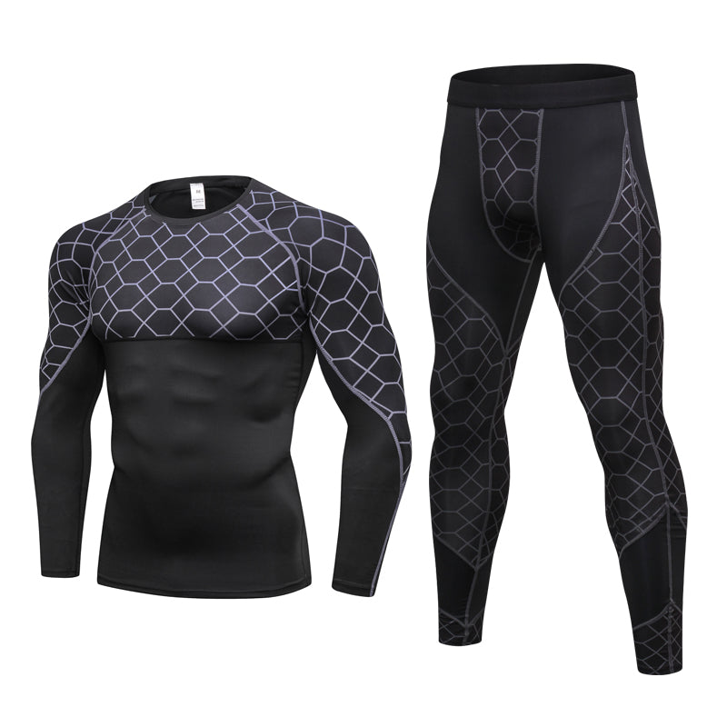 Costumes de jogging pour hommes Compression Run Vêtements de grille Ensemble de sport T-shirt long et pantalon Gym Fitness Collants d'entraînement Vêtements 2pcs Ensembles