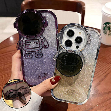 Glitter Astronaut Kameraställ Telefonfodral För IPhone 14 13 12 11 Pro Max XR 14 Plus Osynlig linsfäste Plätering Mjukt skydd