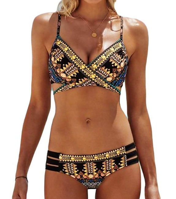 Bröstkorsade axelband i etnisk stil med tryck, sexig bikini, baddräkt