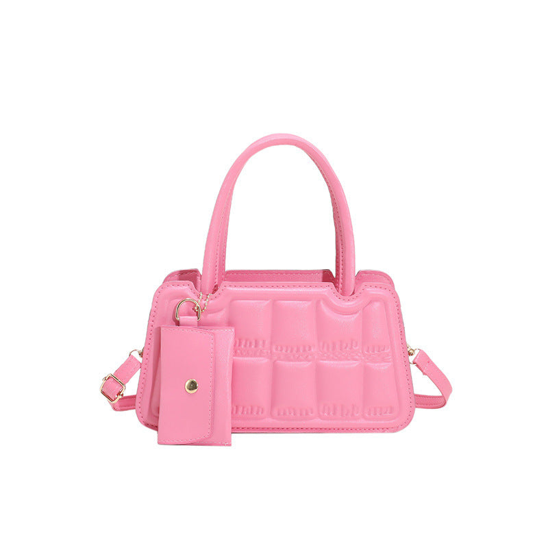 Candy Color Shoulder Bag With Small Wallet Fashion Grid Texture Totes Women Handbag