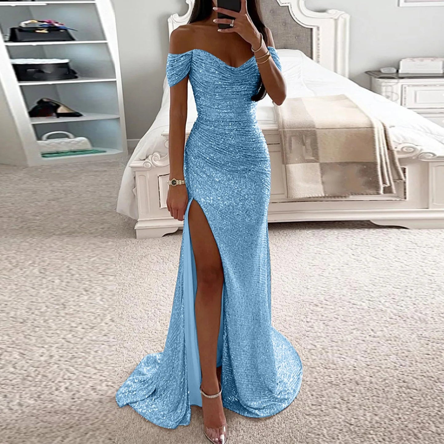 Creative Solid Color Sparkling Slit Dress for Women