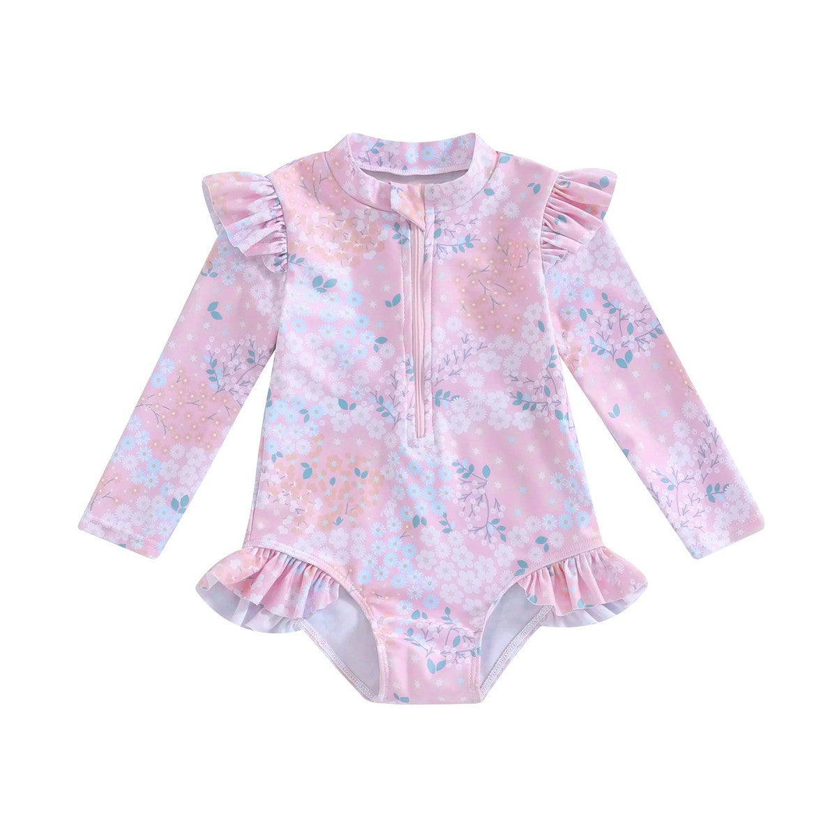 Maillot de bain pour bébé fille de 9 mois à 5 ans, imprimé Floral à volants, manches longues, fermeture éclair, vêtements de plage