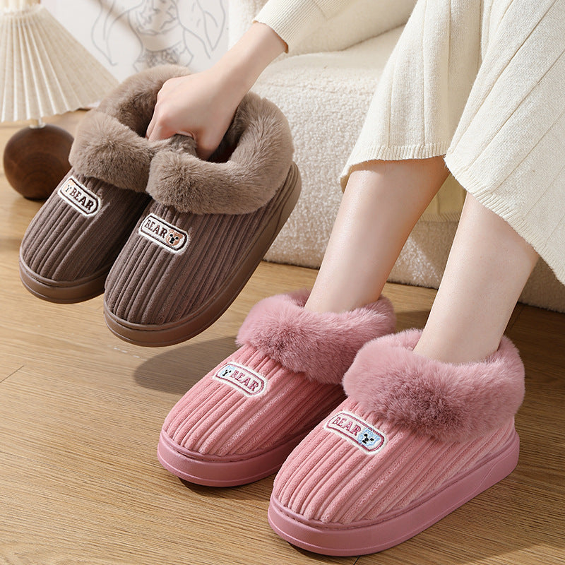 Winter Warm House Slippers Woman Plush Covered Heel Cotton Shoes Indoor And Outdoor Thick-soled Non-slip Fluffy Slippers For Men