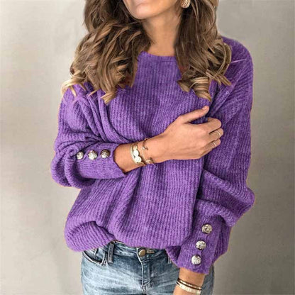 Long Sleeve Round Neck Button Knit T-shirt