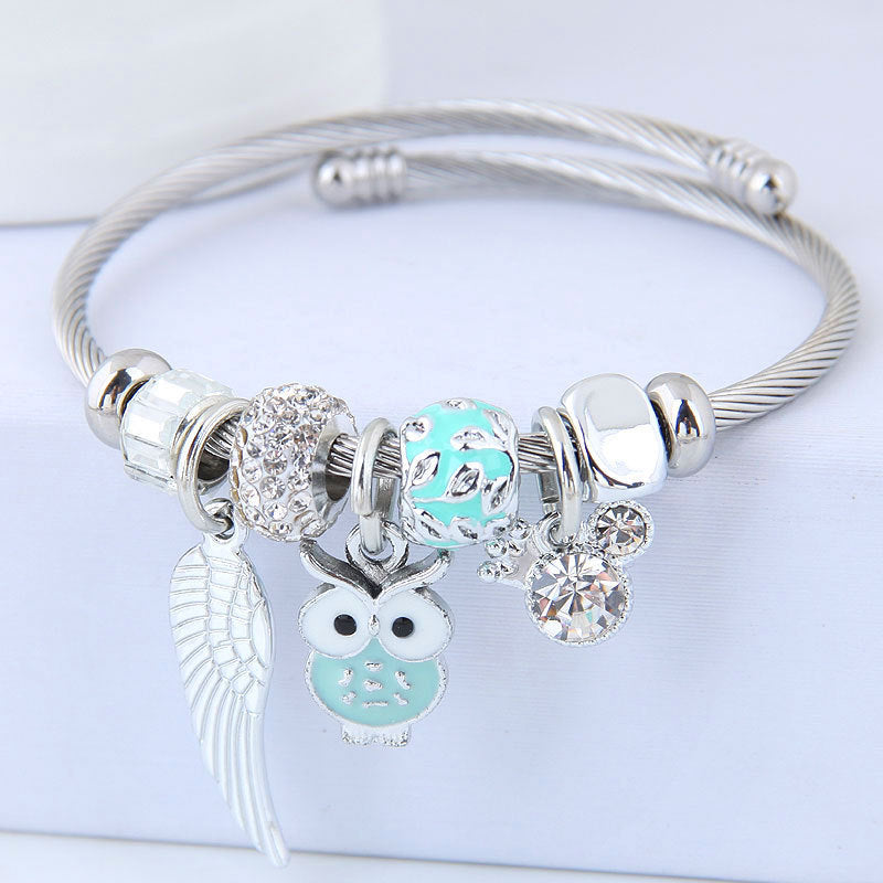 Bracelet en acier inoxydable avec pendentif ailes d'ange hibou perlé bricolage