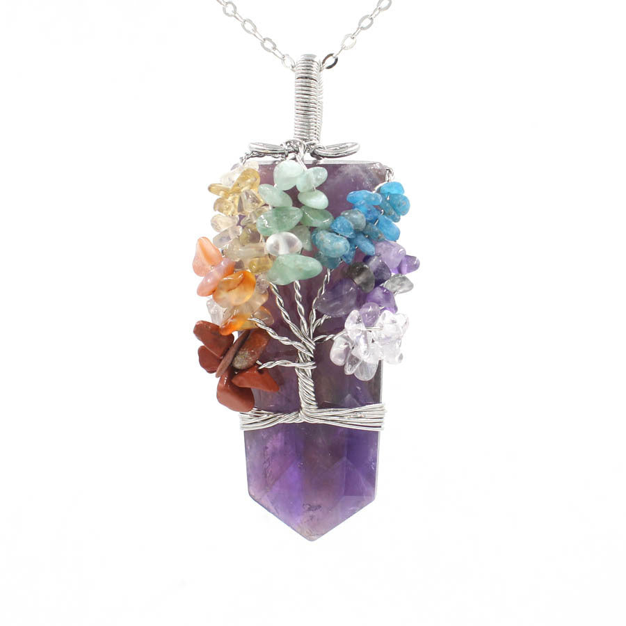 Collier pendentif à remontage arbre de vie colonne de cristal