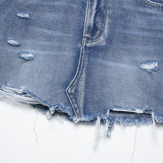 Professional European American Fashion Casual Hole Denim Mini Skirt - Simple Design (High-Quality Denim, Trendy Details)