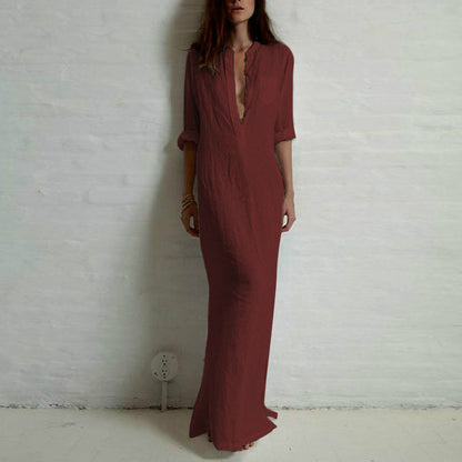 Shirt dress solid color long sleeve split long skirt