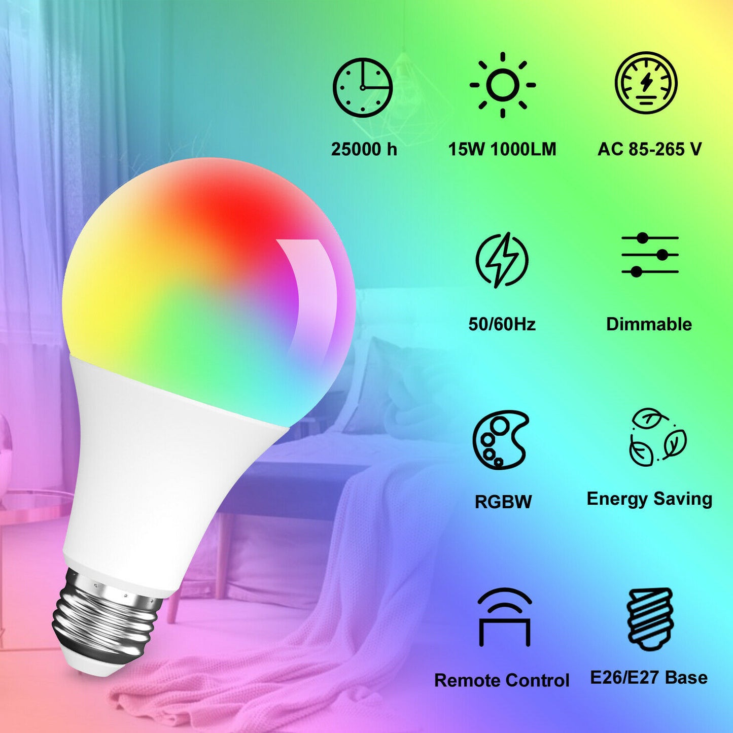 LED Light Bulb 15W RGB Smart Wireless Remote Dimmable Lamp Color Changing Smart WiFi LED Light Bulb Multi-Color For Alexa