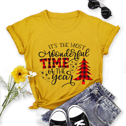 Christmas Print Round Neck Short Sleeve Women's T-shirt