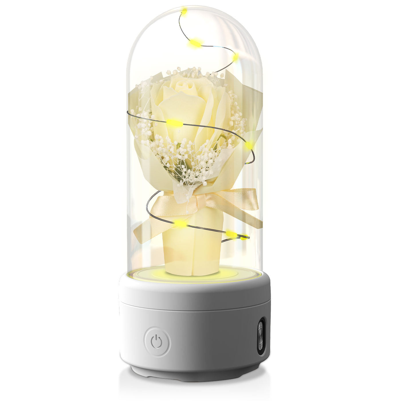 Bouquet créatif 2 en 1 avec lumière LED et haut-parleur Bluetooth, cadeau de fête des mères, veilleuse lumineuse Rose, ornement dans un couvercle en verre