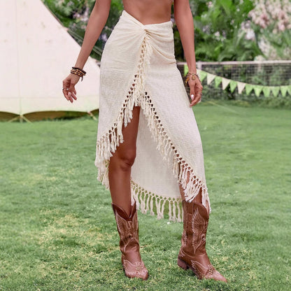 Summer Tassel Beach Skirt - Hollow Irregular Mid-Length Design