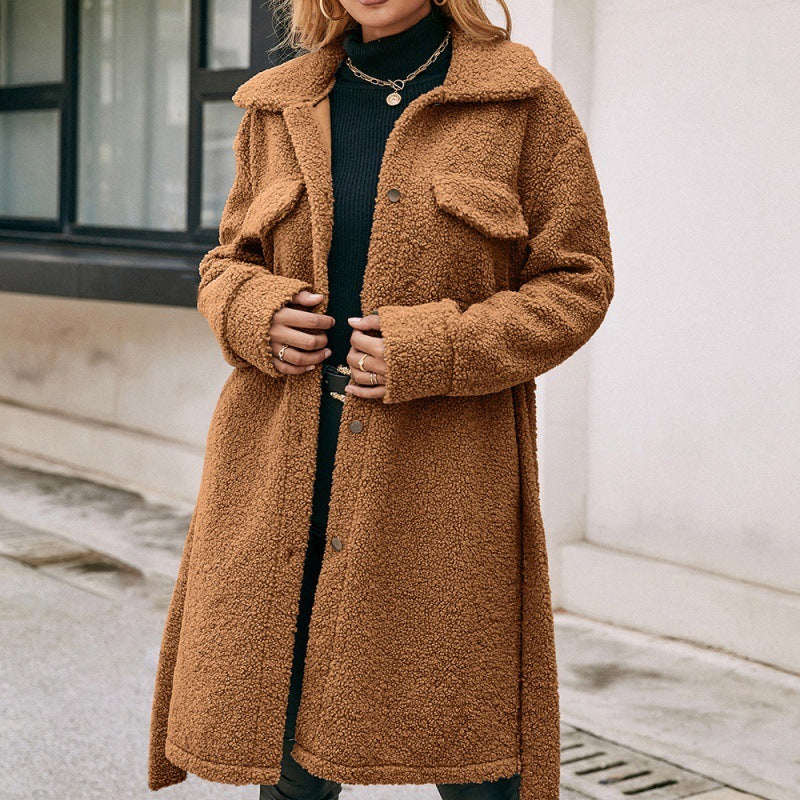 Mellanlång Lapel Belted Enkelknäppt Plush Trench Coat