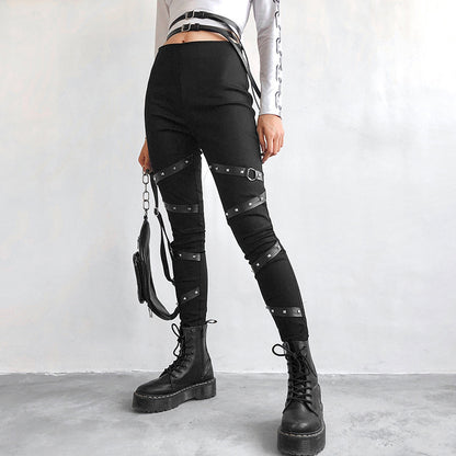 Leggings gothiques noirs Push Up pour femmes, ruban avec rivets, Patchwork, Streetwear, taille haute, Punk, pantalon