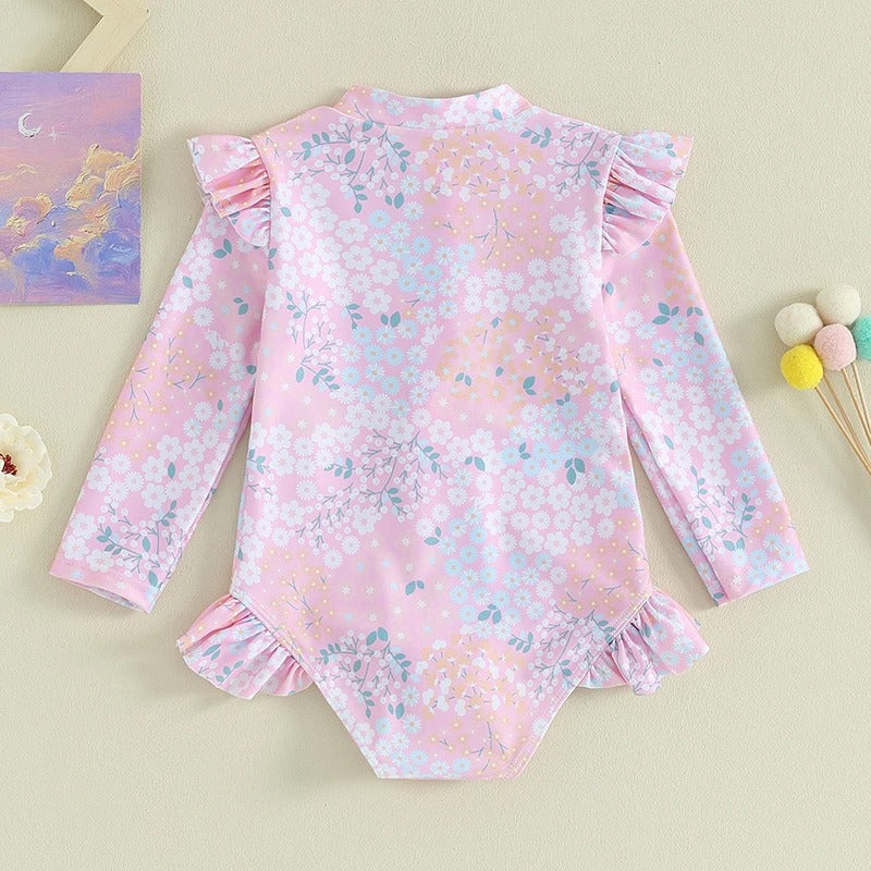 Baby 9M-5Y Toddler Infant Kid Girl Swimsuit Ruffle Floral Print Long Sleeves Zipper Swimwear Beachwear Bathing Suit