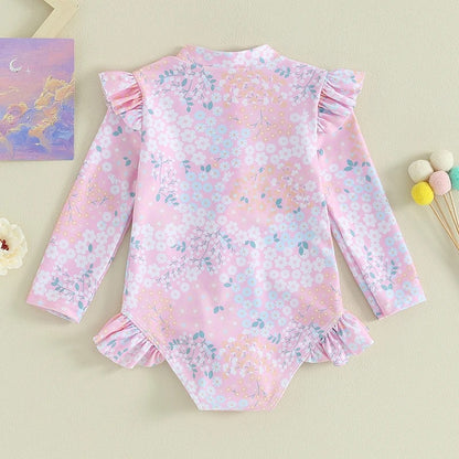 Maillot de bain pour bébé fille de 9 mois à 5 ans, imprimé Floral à volants, manches longues, fermeture éclair, vêtements de plage