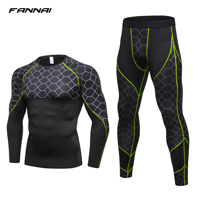 Costumes de jogging pour hommes Compression Run Vêtements de grille Ensemble de sport T-shirt long et pantalon Gym Fitness Collants d'entraînement Vêtements 2pcs Ensembles