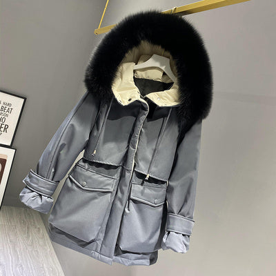 Fashion Hooded Faux Fur krage kvinnors kläder stora Pocket ner jacka Kvinnliga vinter rock Kvinna