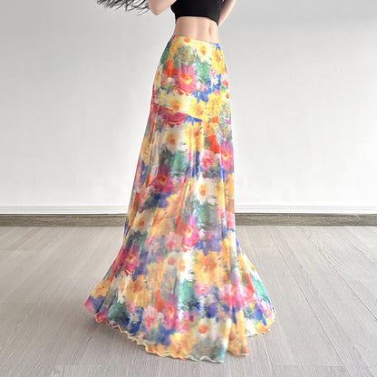 Professional Island Oil Painting Blooming Printed Mesh Skirt - Polyester A-Line (Color/Yellow, S-L, Vacation Socialite)