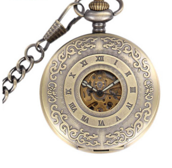 Engraved Bronze Mechanical Demi Pocket Watch