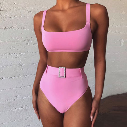 Solid color high waist sexy imitation diamond bikini