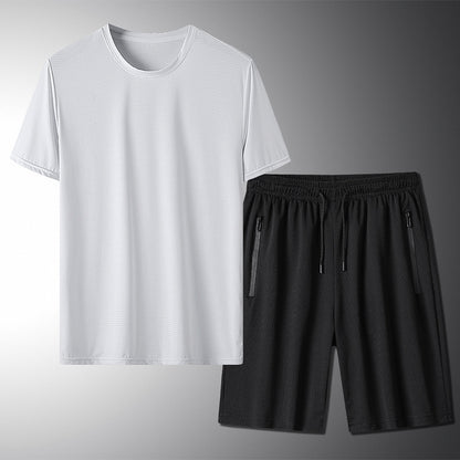 Outdoor Summer Short-sleeved Suit Male Ice Silk T-shirt Five-point Pants Sports Shorts Men's Breathable Short Set Two-piece Tide