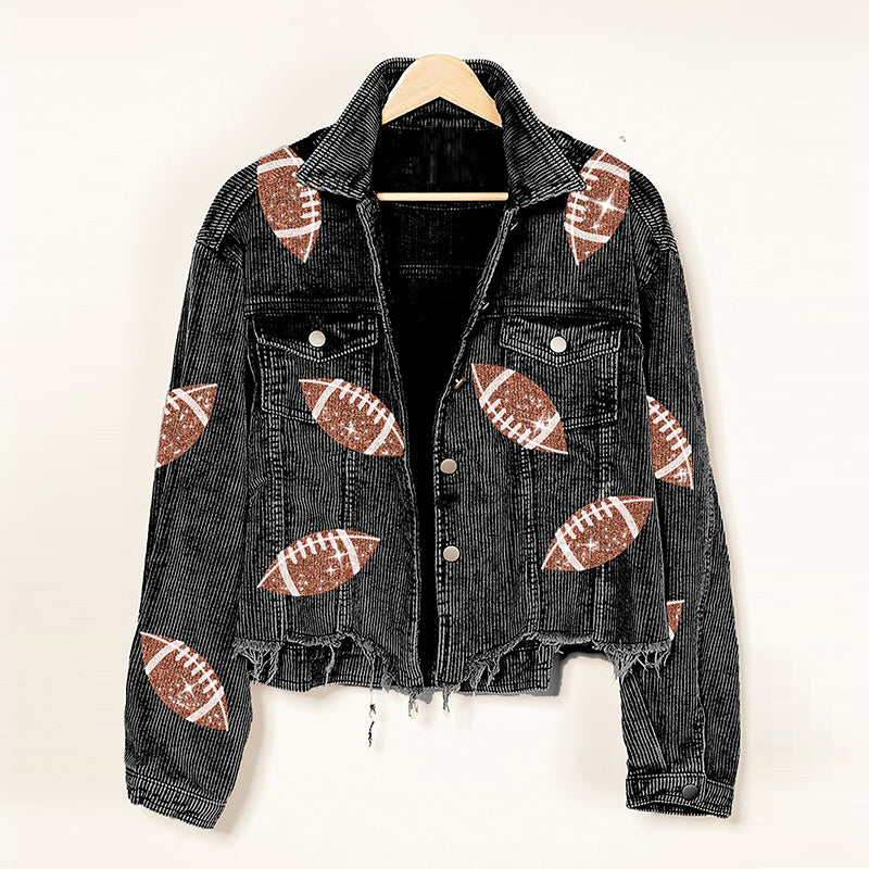Veste en velours côtelé à la mode, veste de Baseball imprimée Rugby, hauts d'automne et d'hiver pour femmes