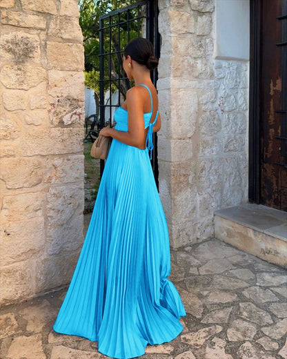 Ins Pleated Sleeveless Sling Dress Hollow High Waist Halter Robe Dresses For Evening Party Club Clothing Women