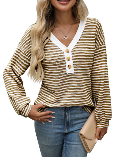 Women's V-neck Buttons Pullover Patchwork Casual Long-sleeved Top