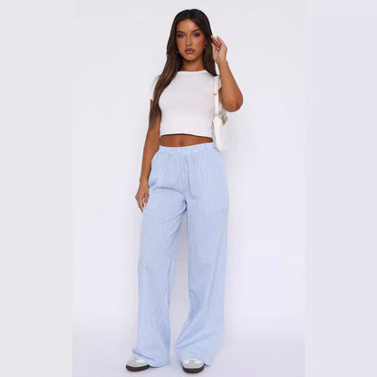 Fashion Y2K Striped Straight Trousers Summer Elastic High Waist Wide Leg Pants For Women