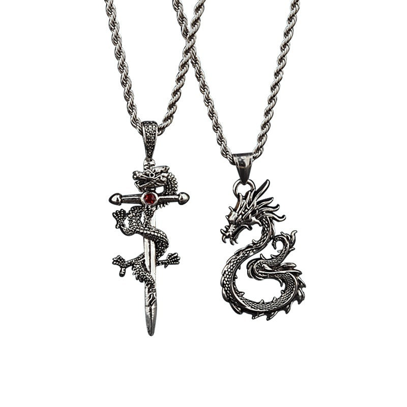 Fashion Jewelry Dragon Sword Pendant Necklace Paved Black Color Jewelry For Men Boy Christmas Gifts