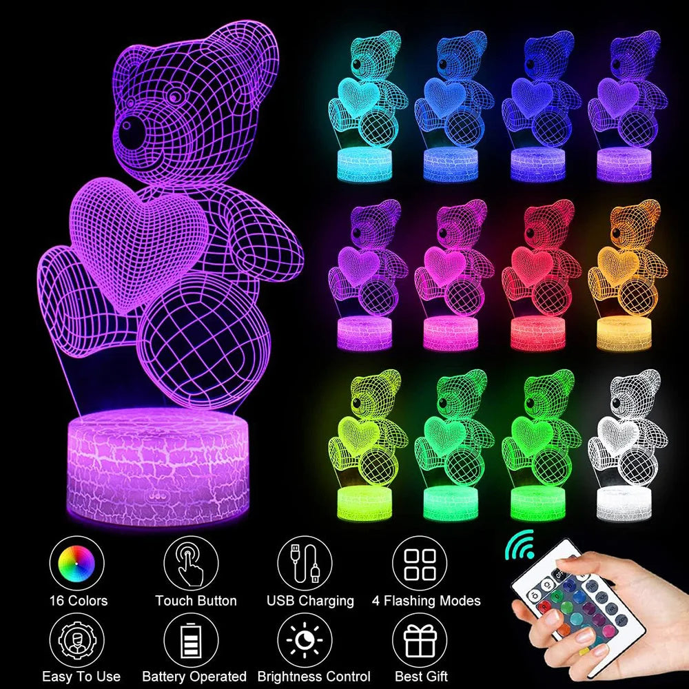 Love Bear Series 3D ljus Creative Night Light LED Visuellt Ljud