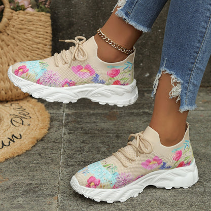 Women's Sports Shoes Flowers Print Walking Sneakers Casual Breathable Lace-up Mesh Shoes