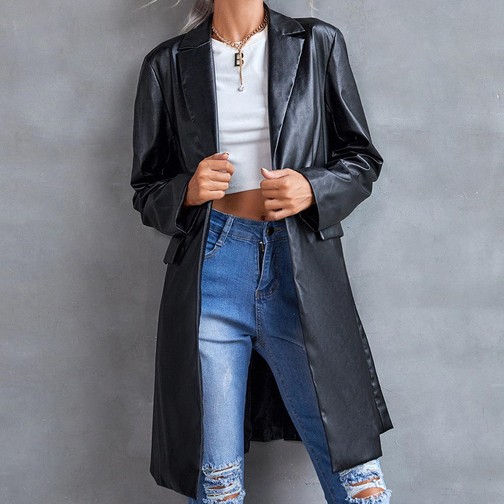 Haut blazer coupe-vent à manches longues en cuir pour femme