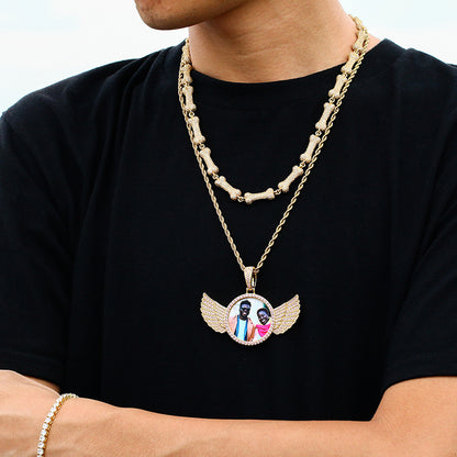 Angel Wings Medallions Custom Photo Pendant Necklace For Men Hip Hop Jewelry Iced Out Pendant Custom Engraved Name Memory Gift