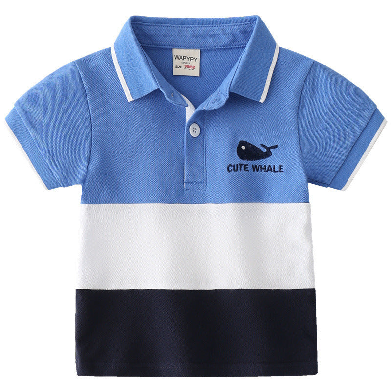 Boys Color Block Lapel Tops Korean Children's Clothing Boys Embroidered Shirts Baby Summer Trends