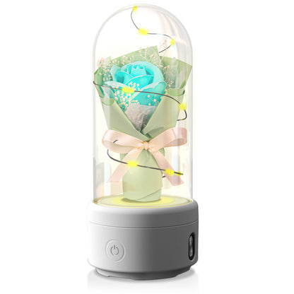 Bouquet créatif 2 en 1 avec lumière LED et haut-parleur Bluetooth, cadeau de fête des mères, veilleuse lumineuse Rose, ornement dans un couvercle en verre