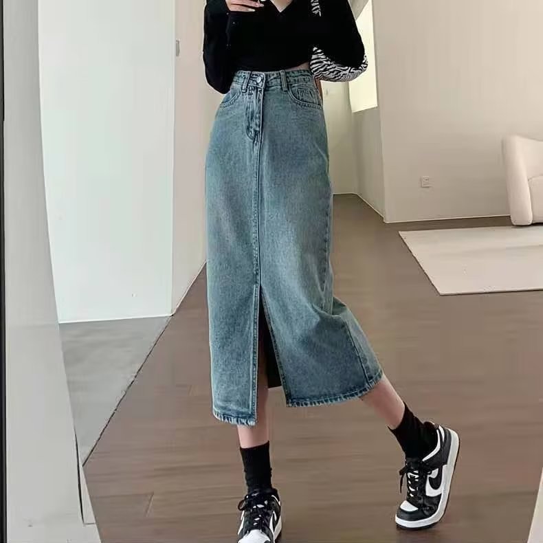 Professional High Waist Slit Denim Skirt - A-Line Slimming Hip-Covering (Mid-Length, Women's Design)